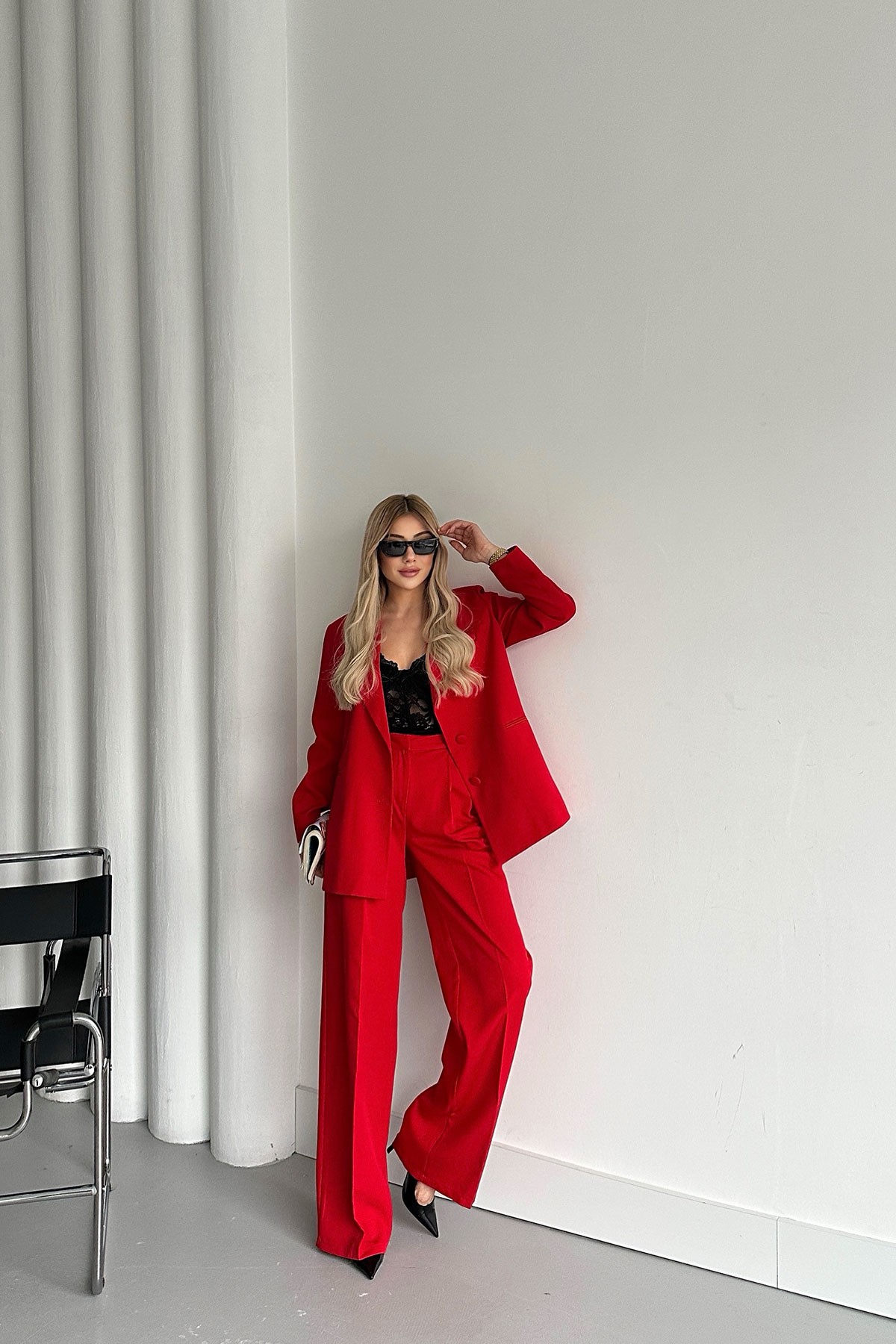 Kadın Kırmızı Düğme Detay Blazer Ceket Pantolon Takım Elbise