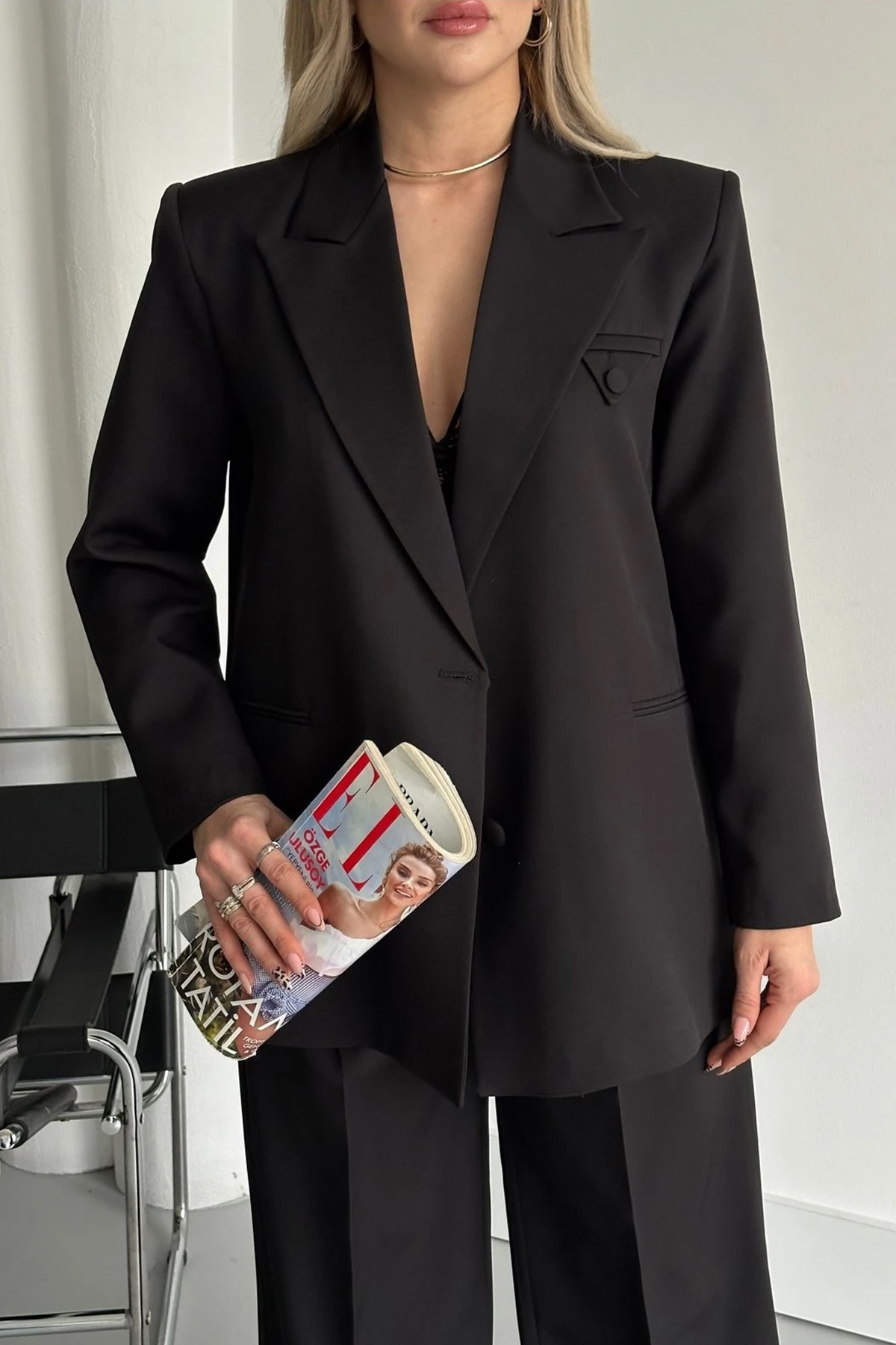 Kadın Siyah Düğme Detay Blazer Ceket Pantolon Takım Elbise