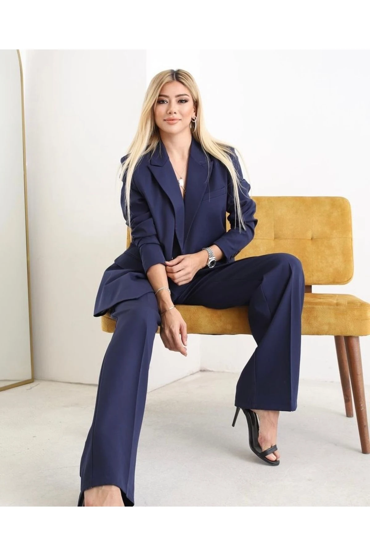 Kadın Lacivert Blazer Ceket Pantolon Takım