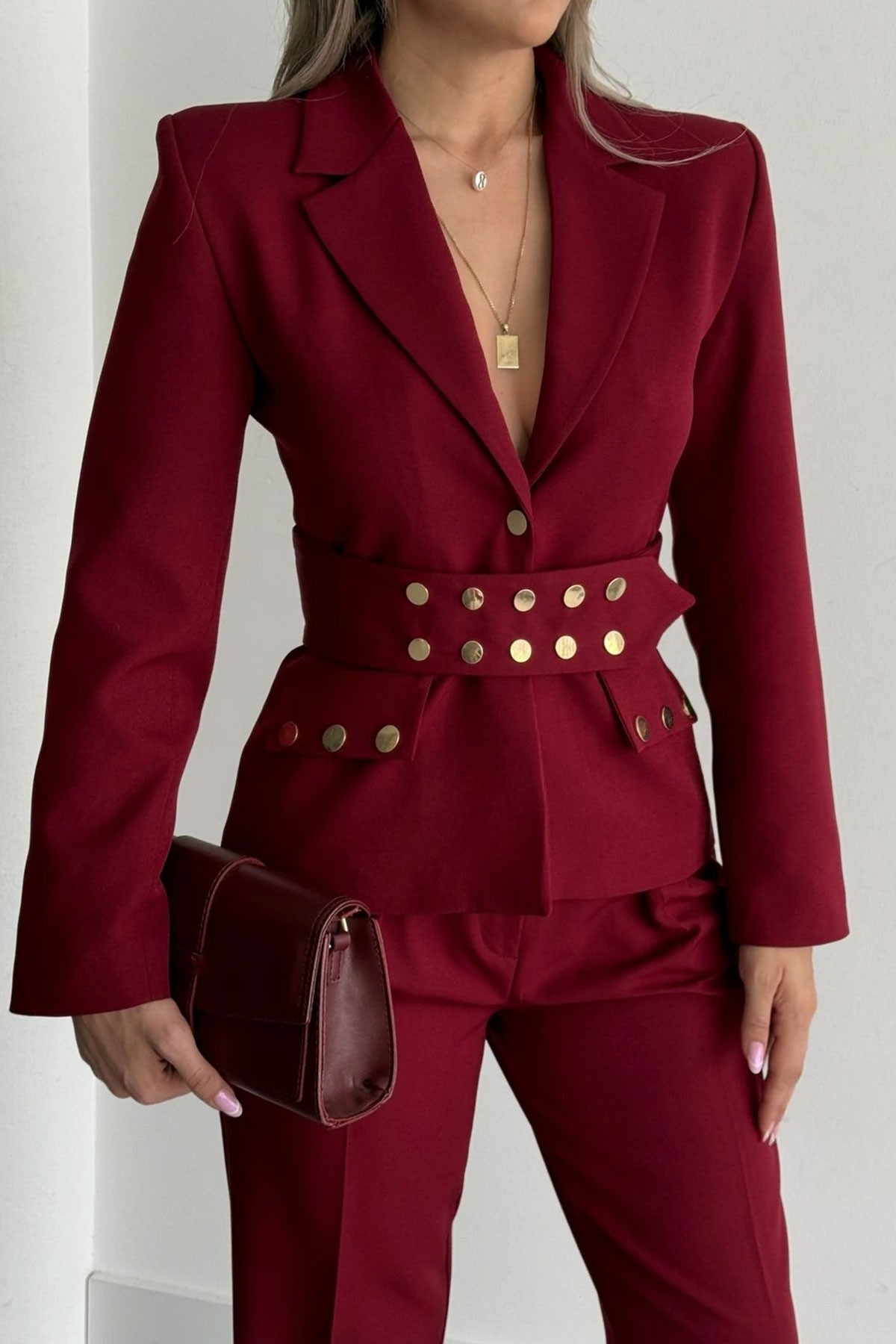 Kadın Bordo Kemerli Ceket Pantolon Takım Elbise