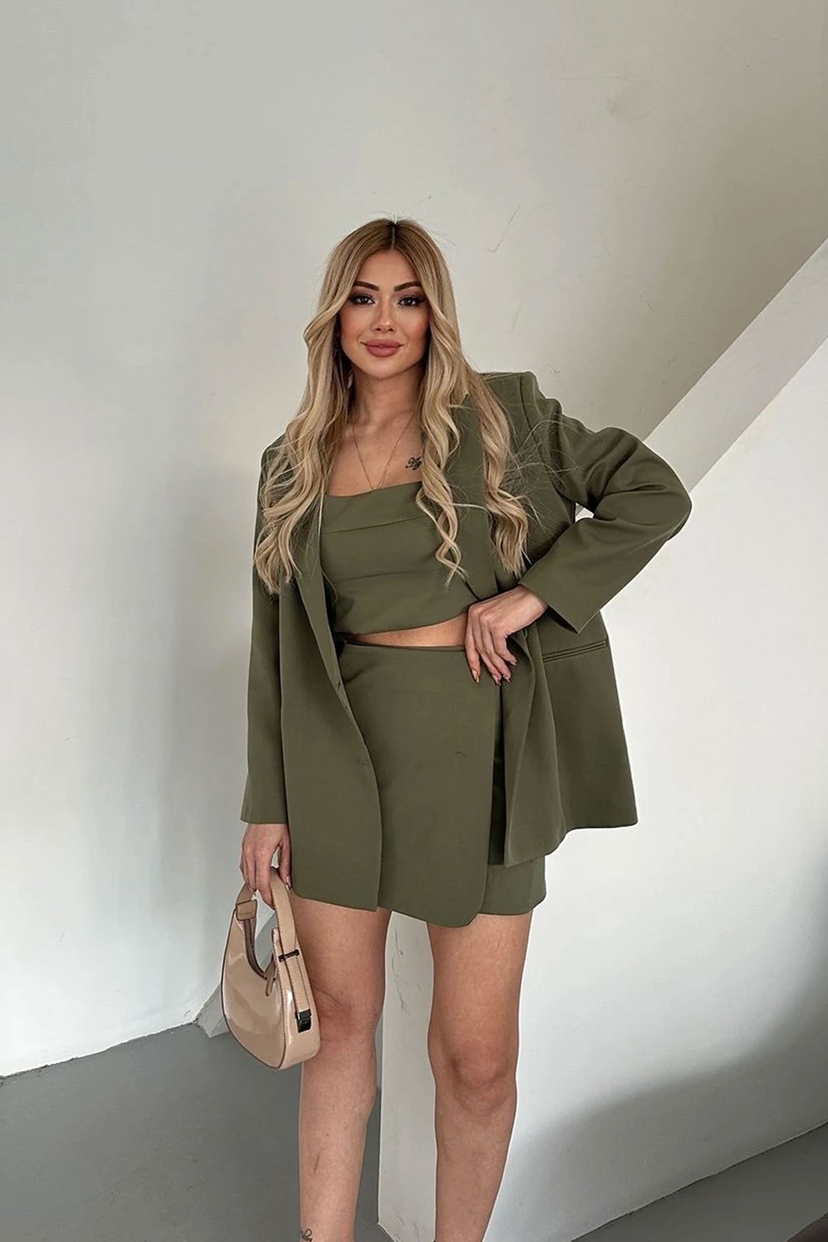 Kadın Haki Blazer Ceket Büstiyer Etek Takım