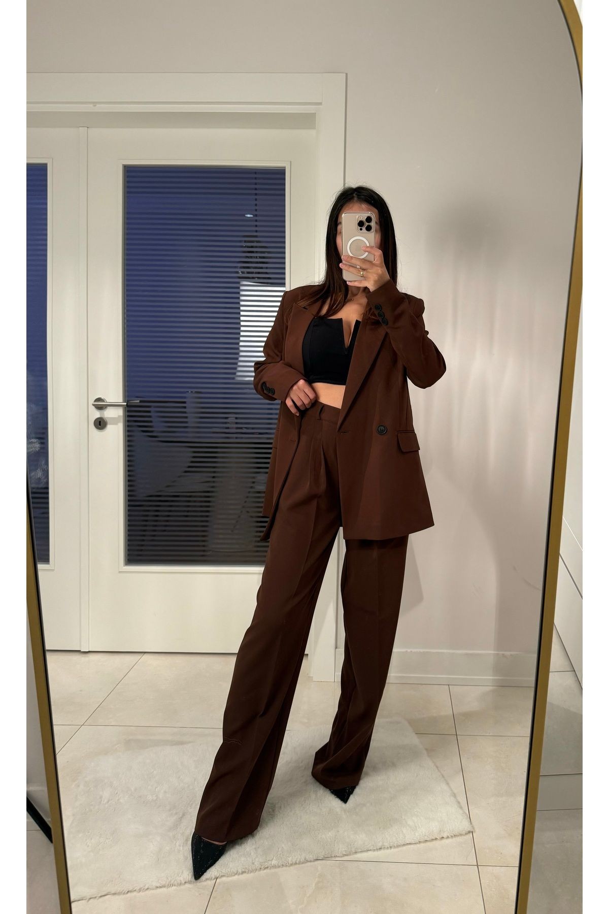Kadın Kahverengi Blazer Ceket Pantolon Takım