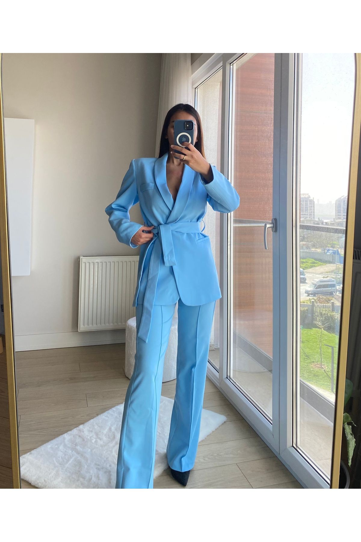 Kadın Bebe Mavi Şal Yaka Bağlamalı Blazer Ceket Pantolon Takım