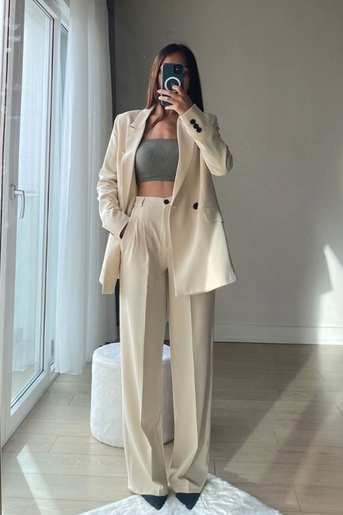 Kadın Krem Blazer Ceket Pantolon Takım