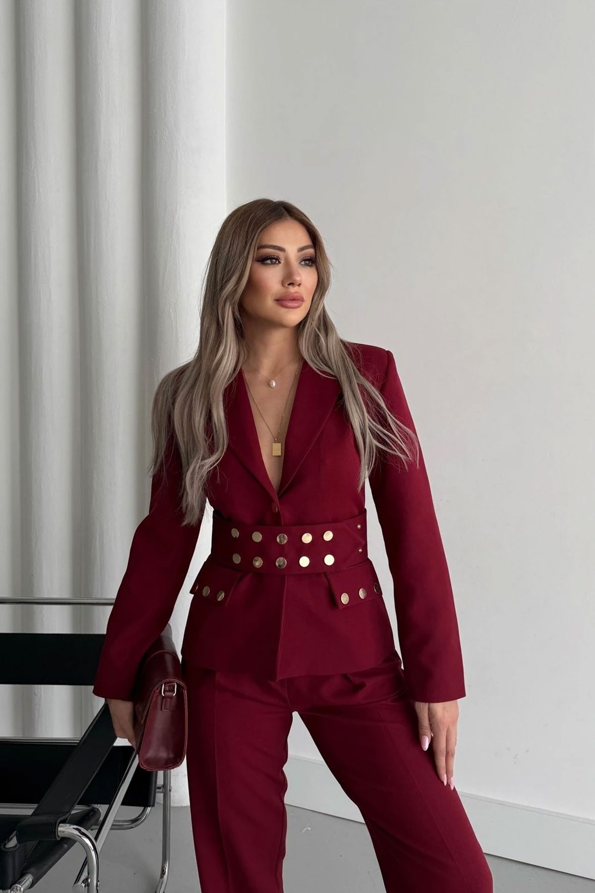 Kadın Bordo Kemerli Ceket Pantolon Takım Elbise
