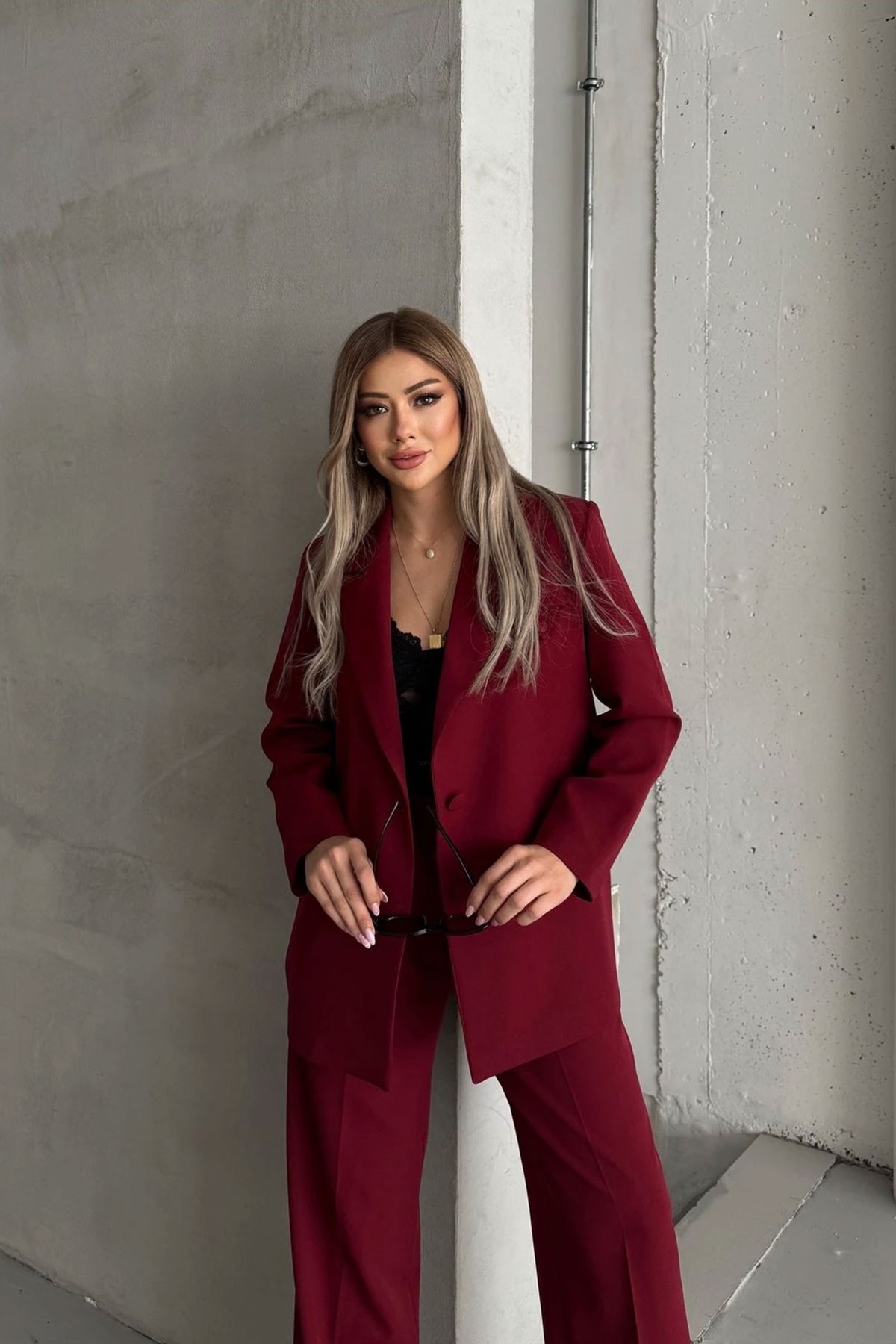 Kadın Bordo Düğme Detay Blazer Ceket Pantolon Takım Elbise