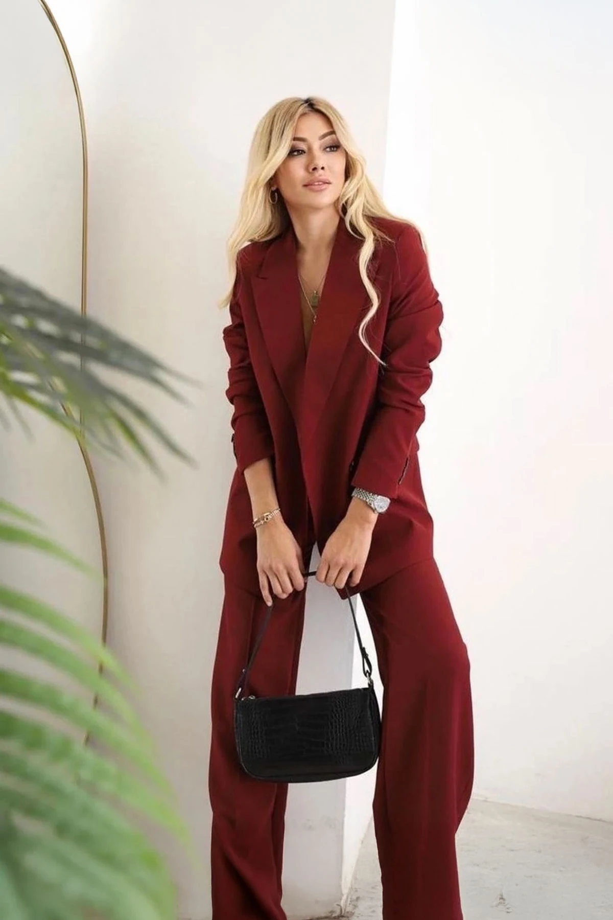 Kadın Bordo Blazer Ceket Palazzo Pantolon