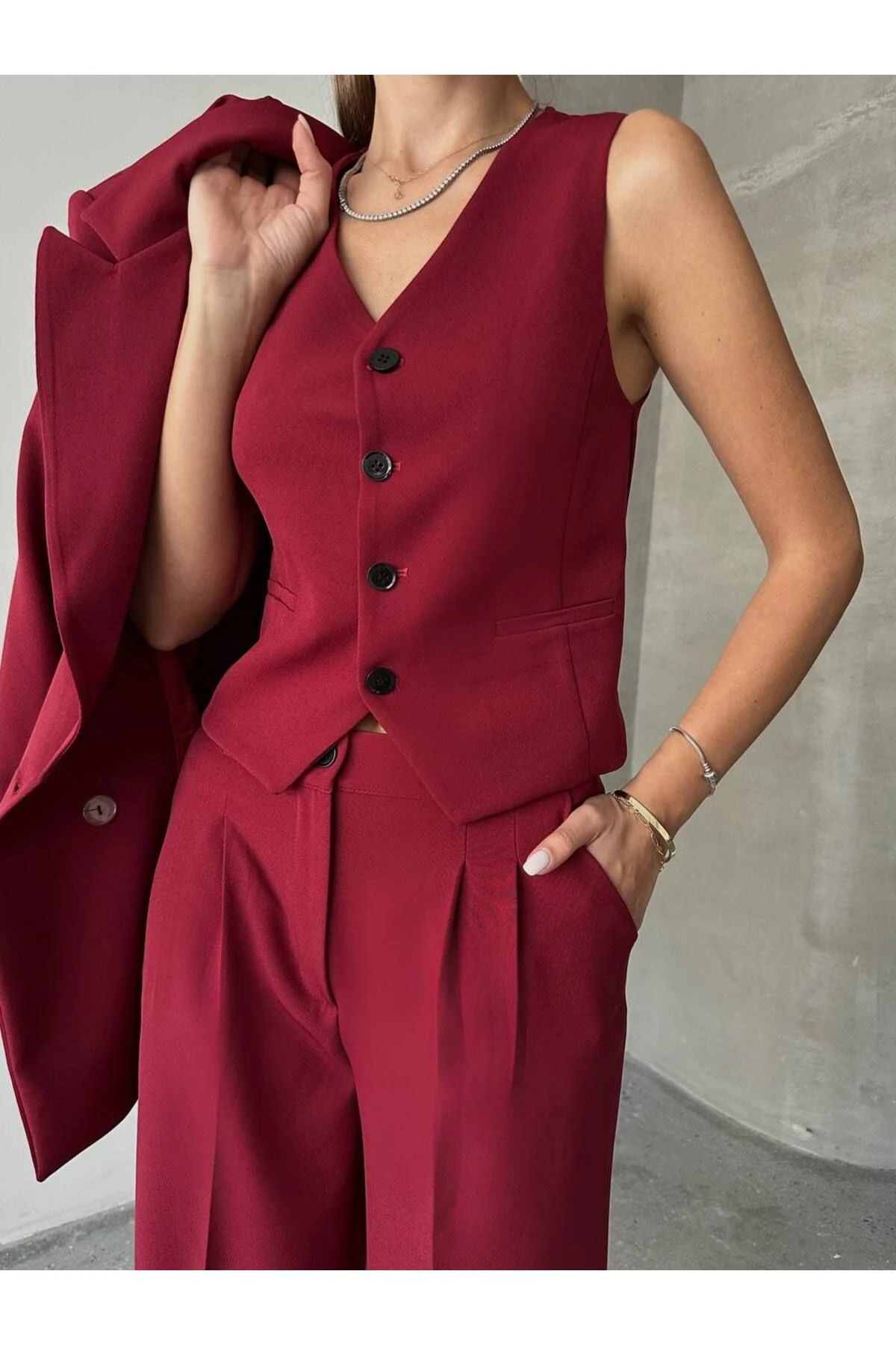 Kadın Bordo Ceket-Yelek-Palazzo Pantolon Takım