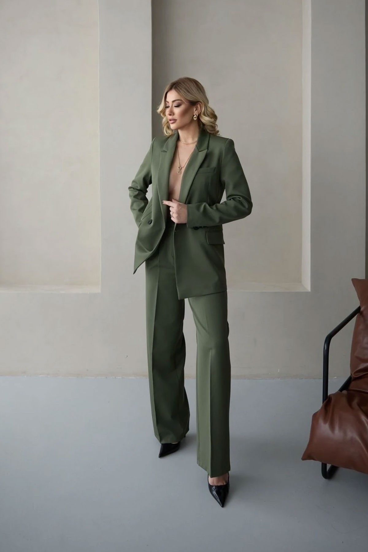 Kadın Haki Blazer Ceket Palazzo Pantolon Takım Elbise