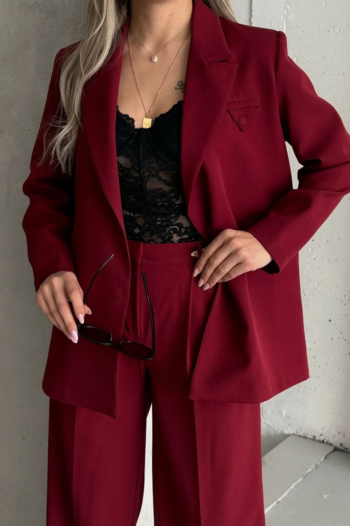 Kadın Bordo Düğme Detay Blazer Ceket Pantolon Takım Elbise
