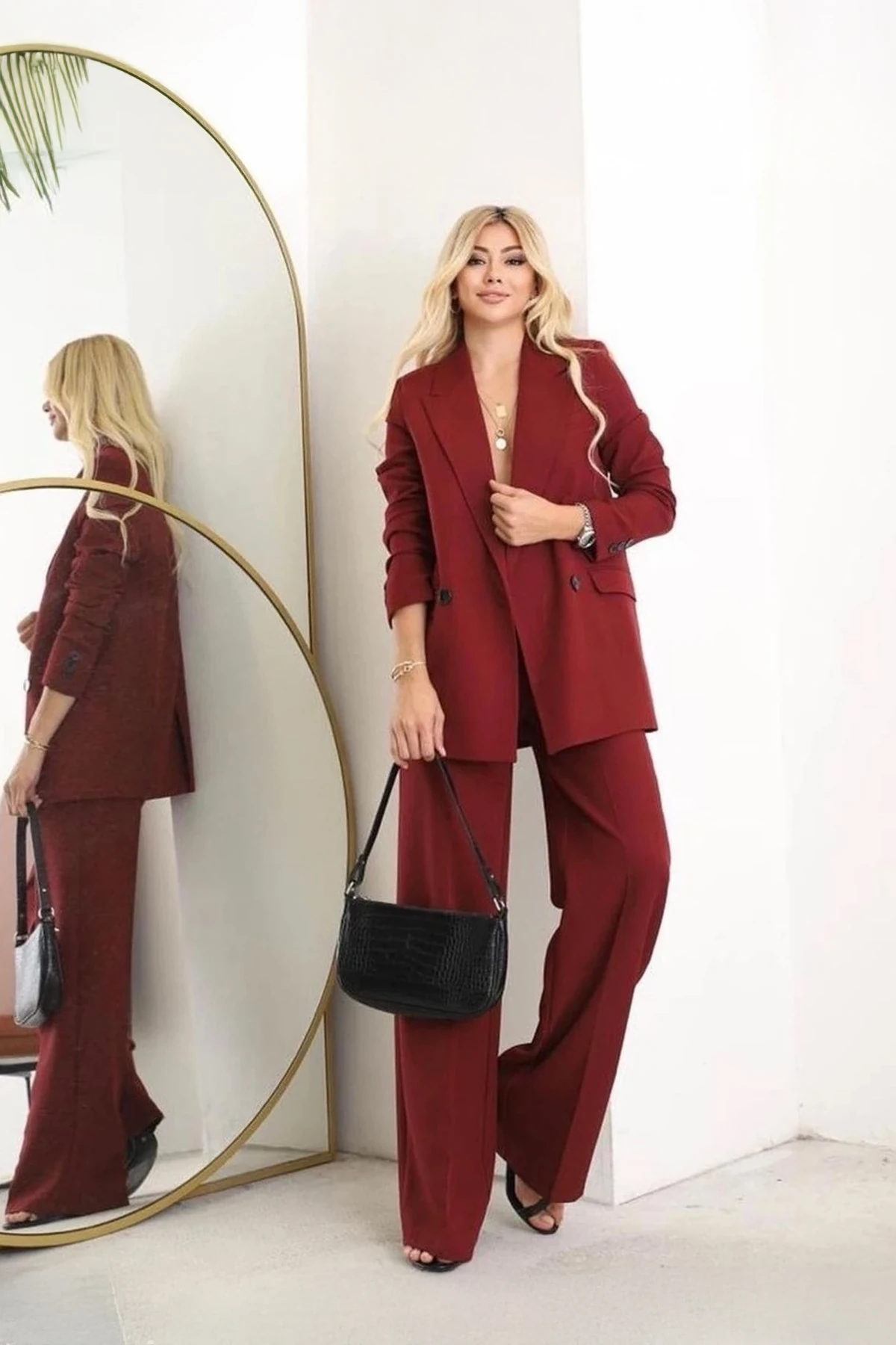 Kadın Bordo Blazer Ceket Palazzo Pantolon