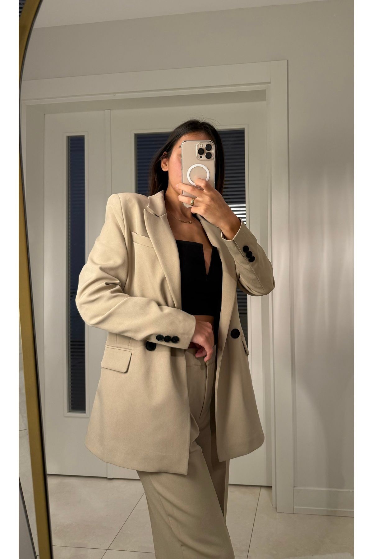 Kadın Bej Blazer Ceket Pantolon Takım