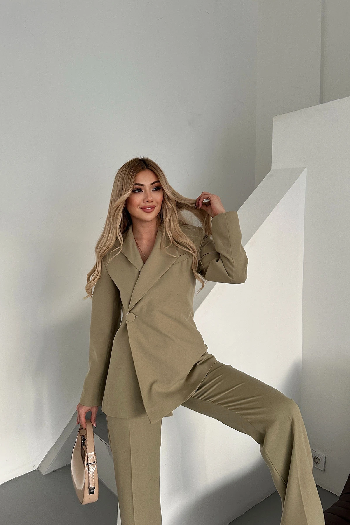 Kadın Haki Düğmeli Ceket Pantolon Takım Elbise