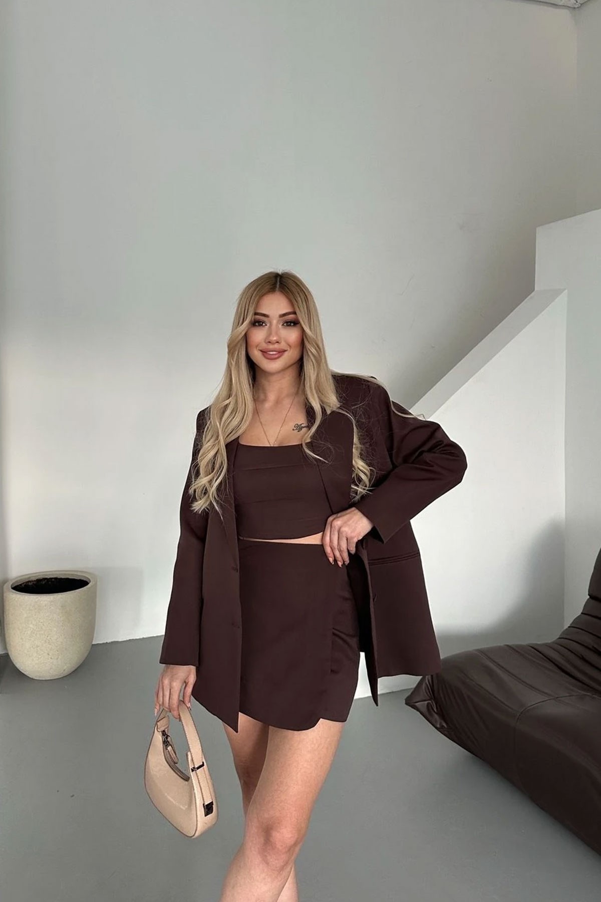 Kadın Kahverengi Blazer Ceket Büstiyer Etek Takım