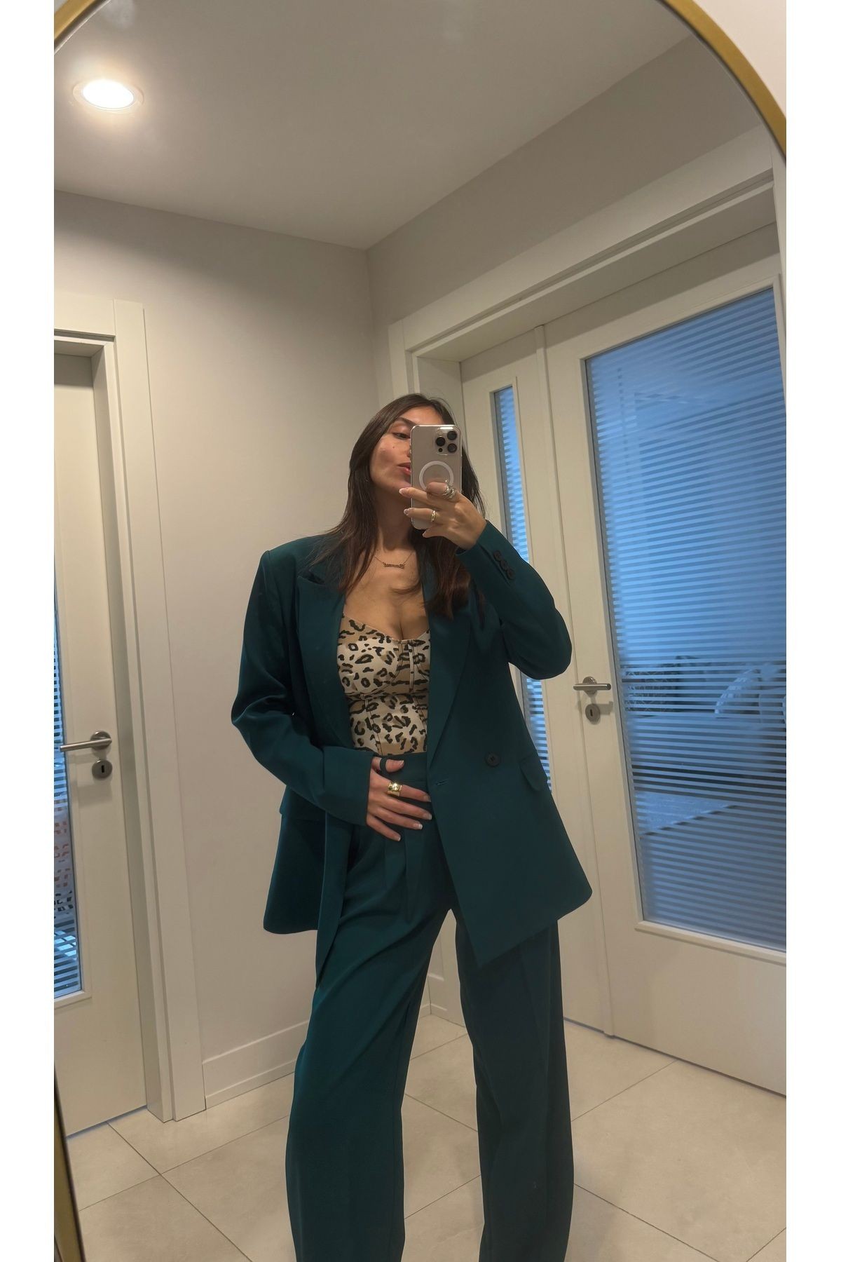 Kadın Yeşil Blazer Ceket Palazzo Pantolon Takım Elbise