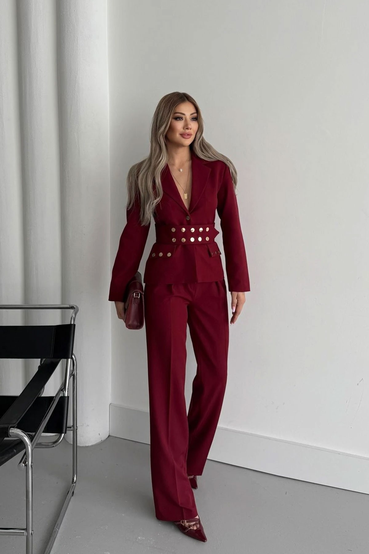 Kadın Bordo Kemerli Ceket Pantolon Takım Elbise