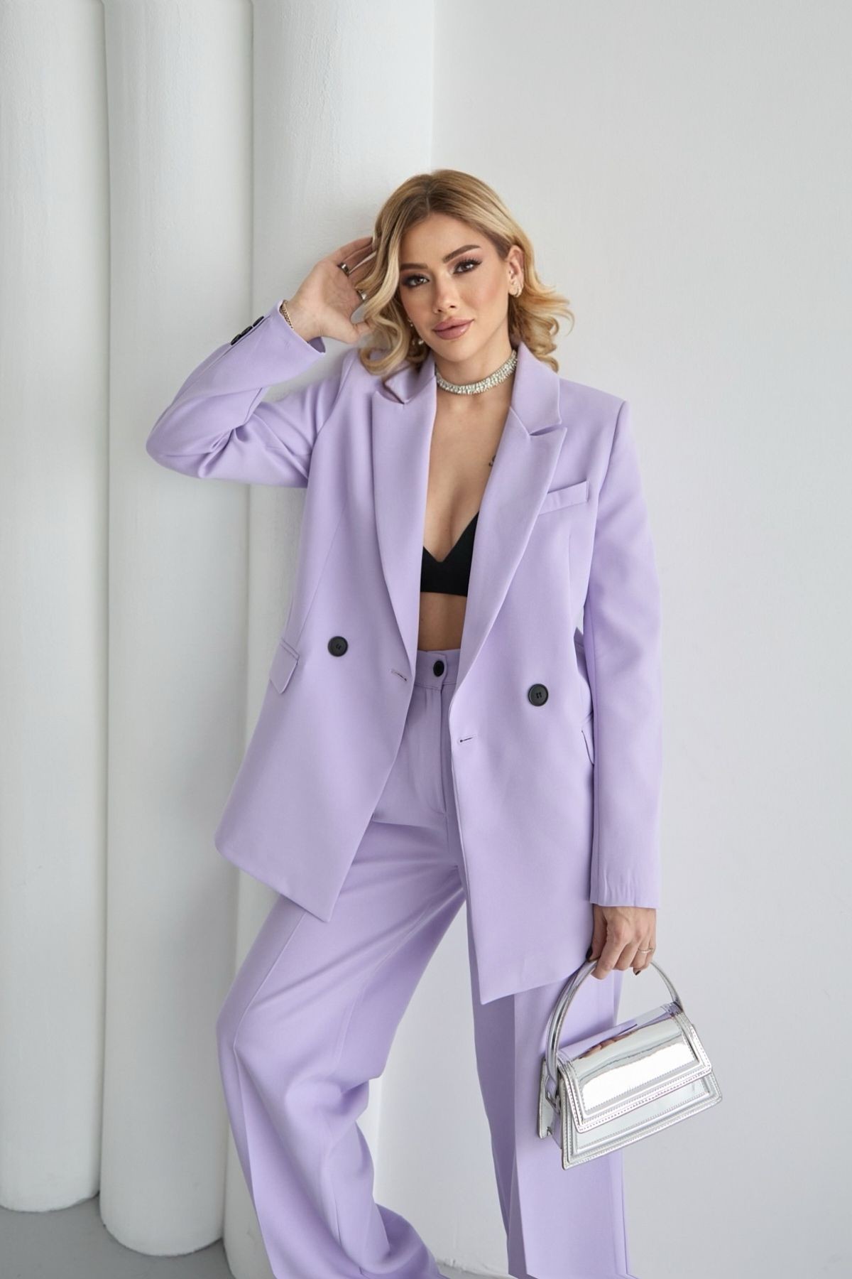 Kadın Lila Blazer Ceket Palazzo Pantolon Takım Elbise
