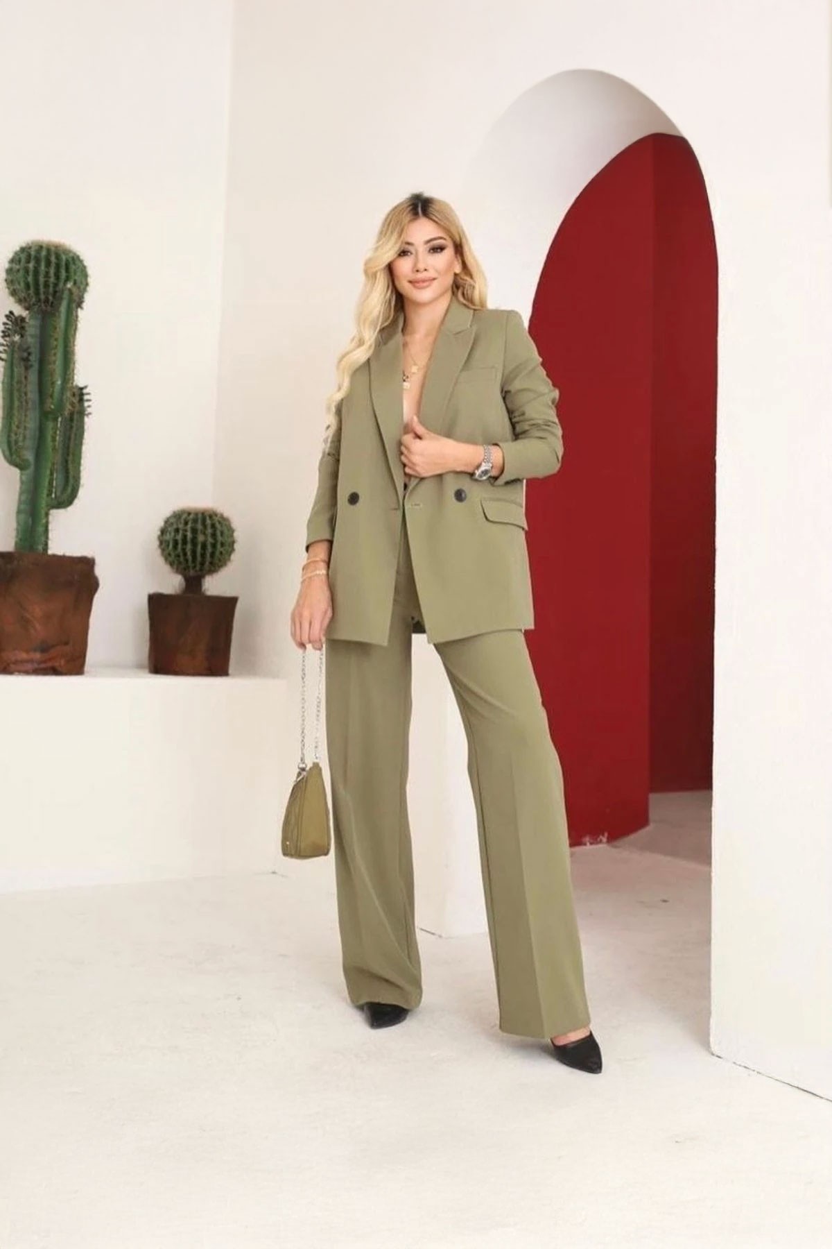 Kadın Haki Blazer Ceket Pantolon Takım