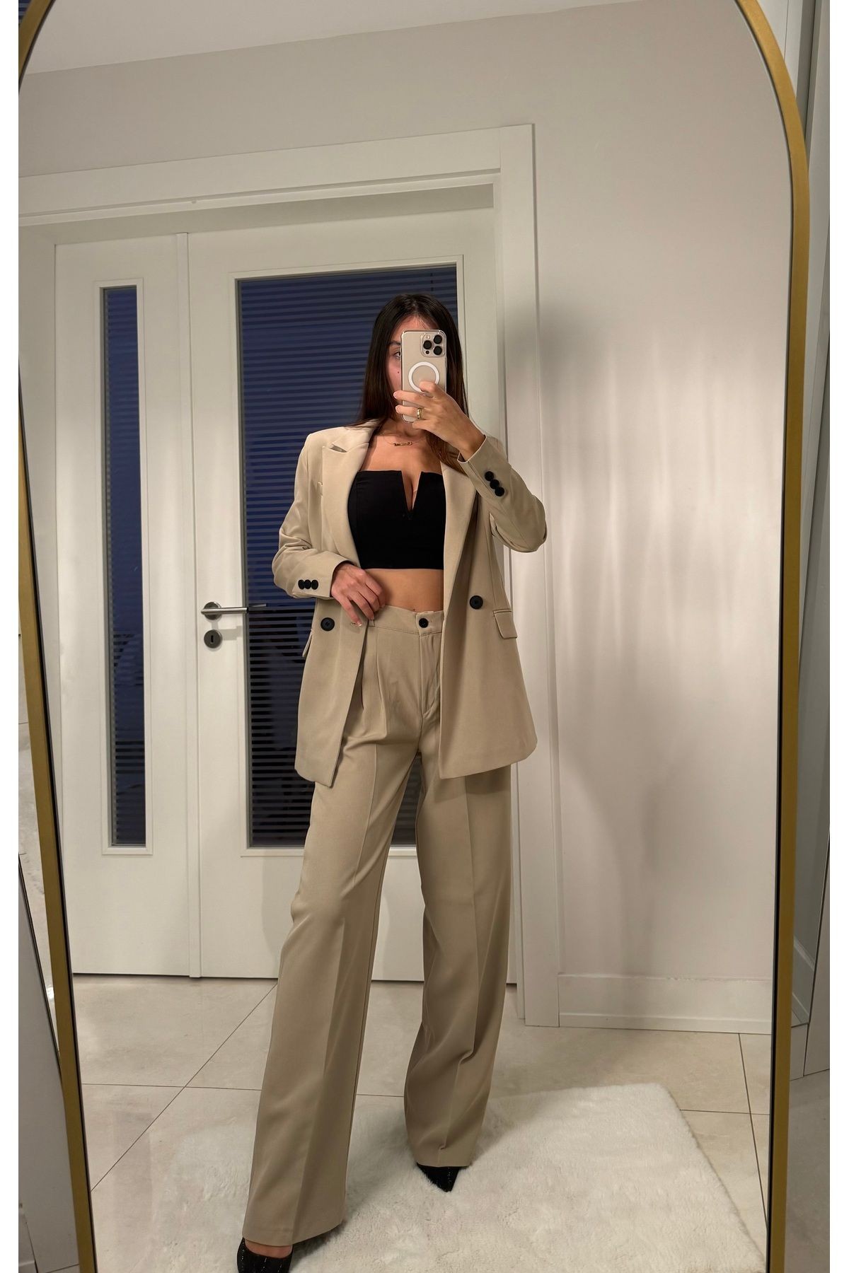 Kadın Bej Blazer Ceket Pantolon Takım