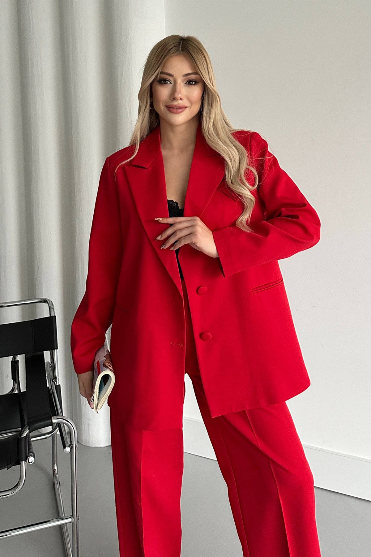 Kadın Kırmızı Düğme Detay Blazer Ceket Pantolon Takım Elbise