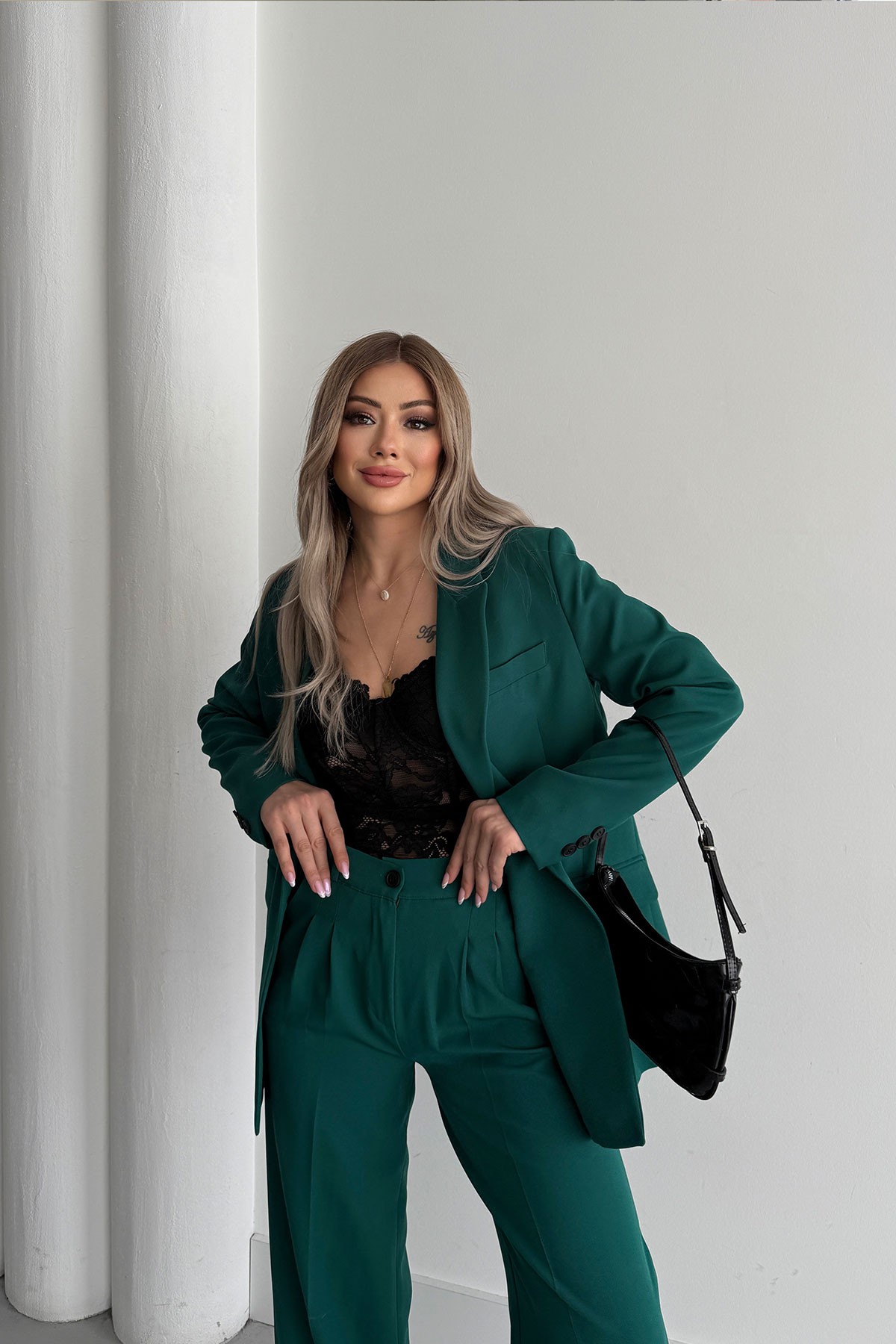 Women's Emerald Green Blazer Jacket and Palazzo Pants Suit