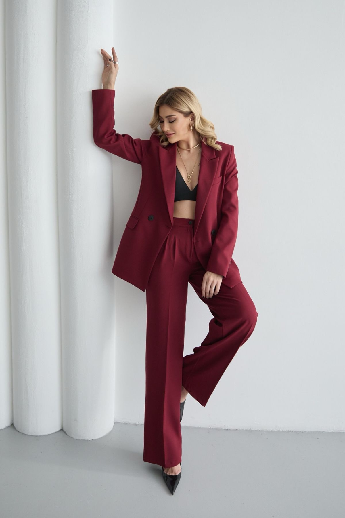 Kadın Bordo Blazer Ceket Palazzo Pantolon Takım Elbise