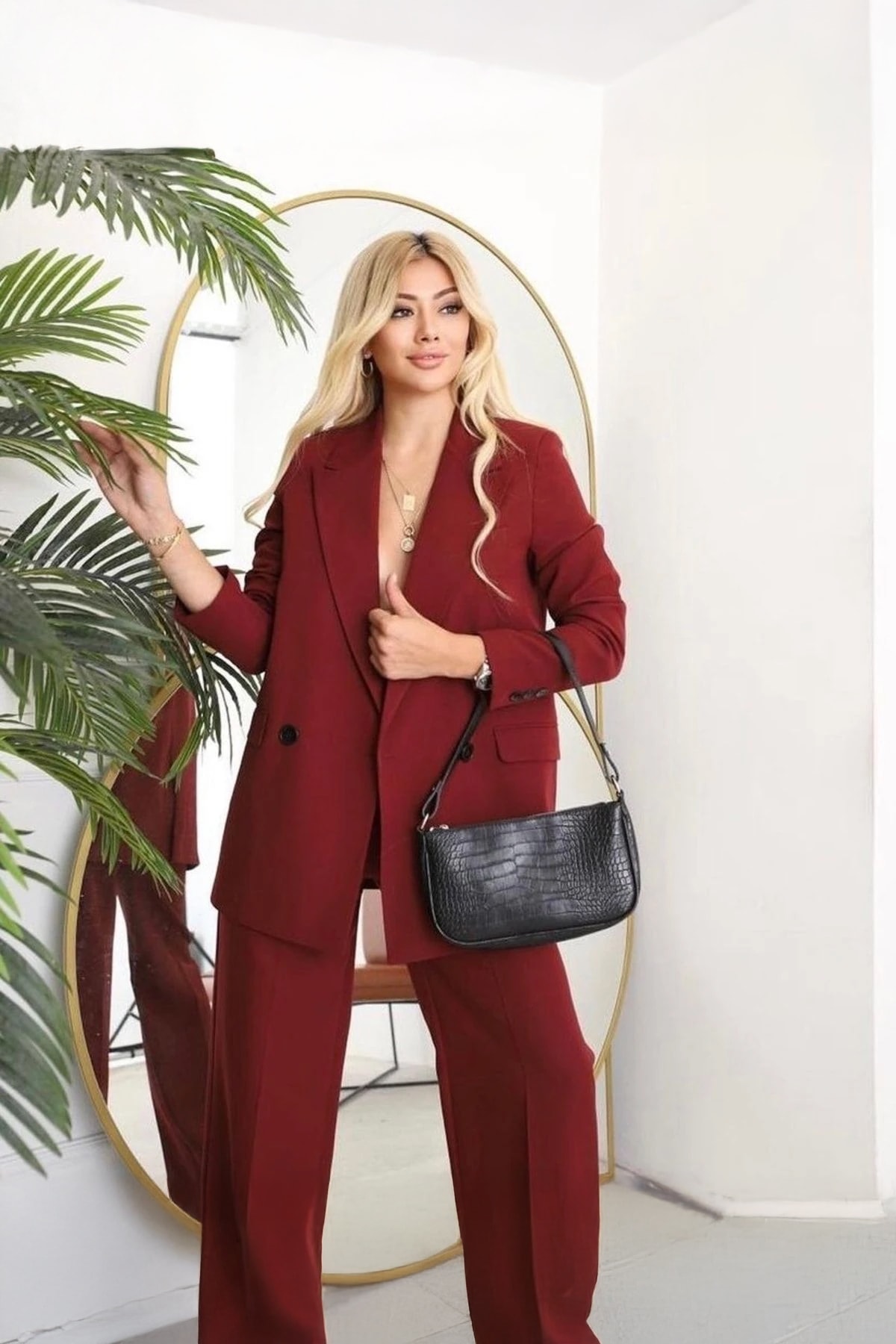 Kadın Bordo Blazer Ceket Palazzo Pantolon