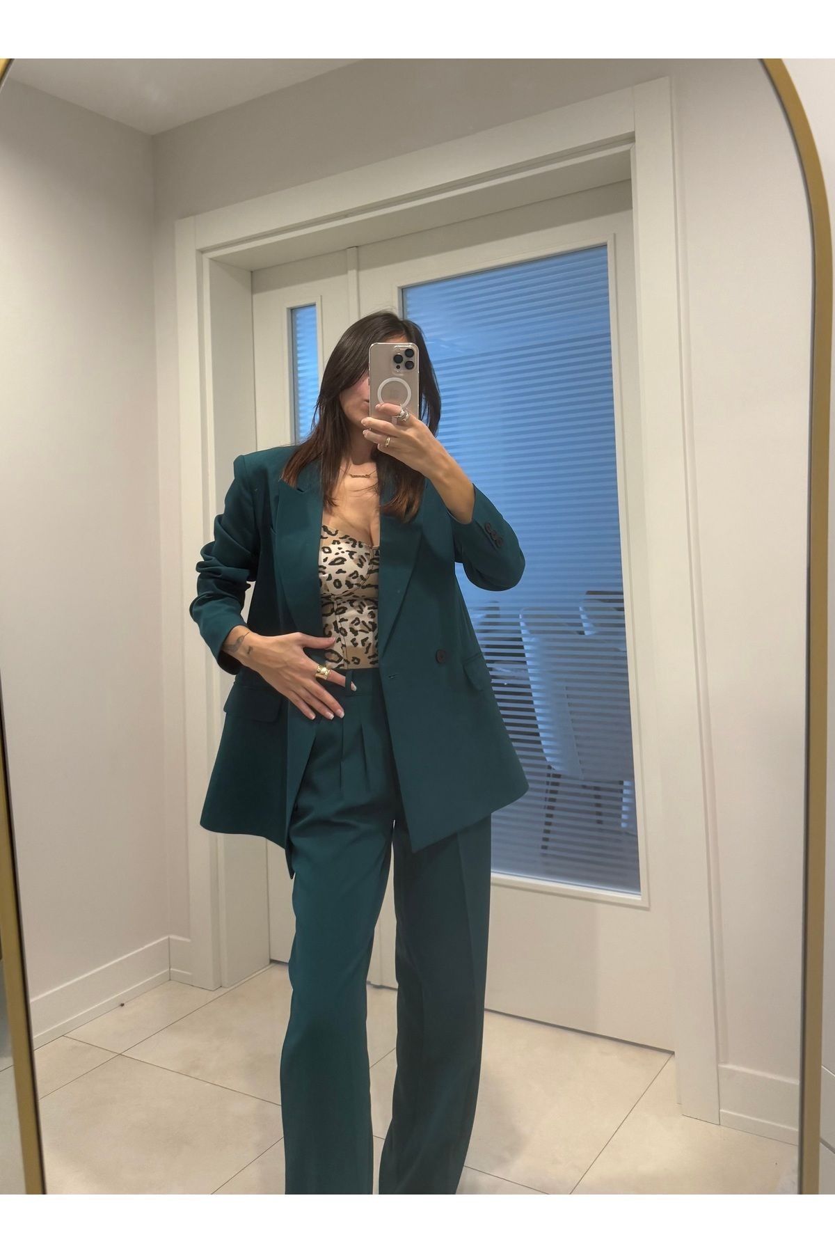 Kadın Yeşil Blazer Ceket Palazzo Pantolon Takım Elbise