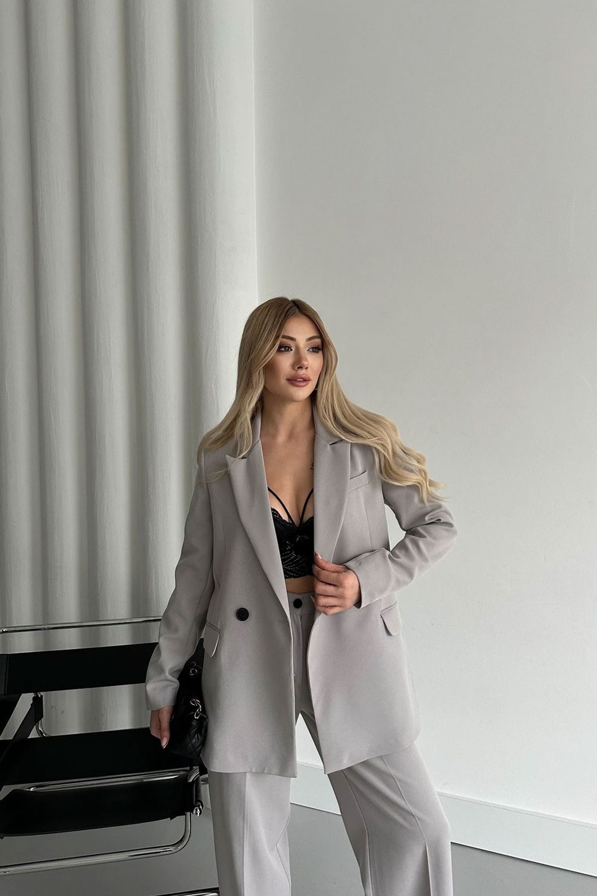 Kadın Açık Gri Blazer Ceket Palazzo Pantolon Takım Elbise
