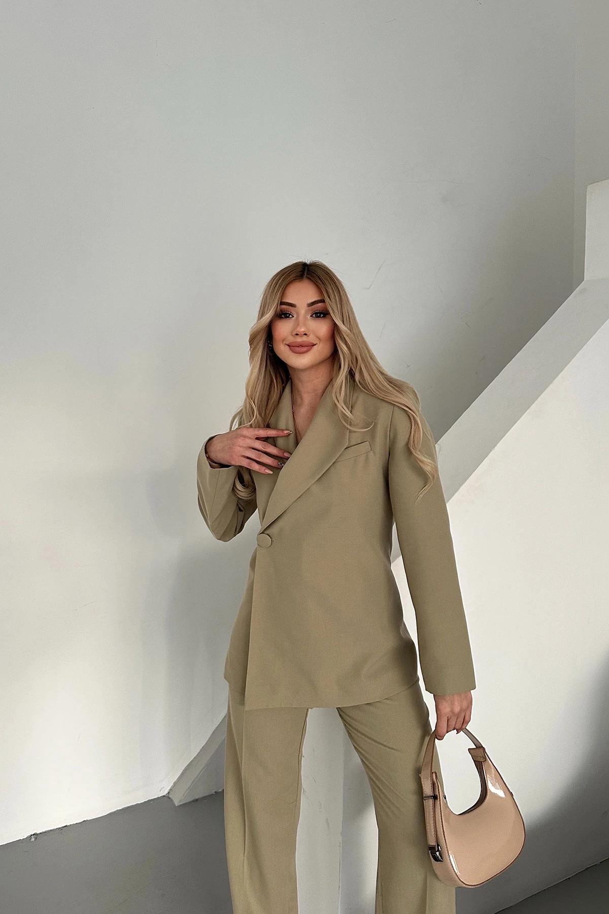 Kadın Haki Düğmeli Ceket Pantolon Takım Elbise