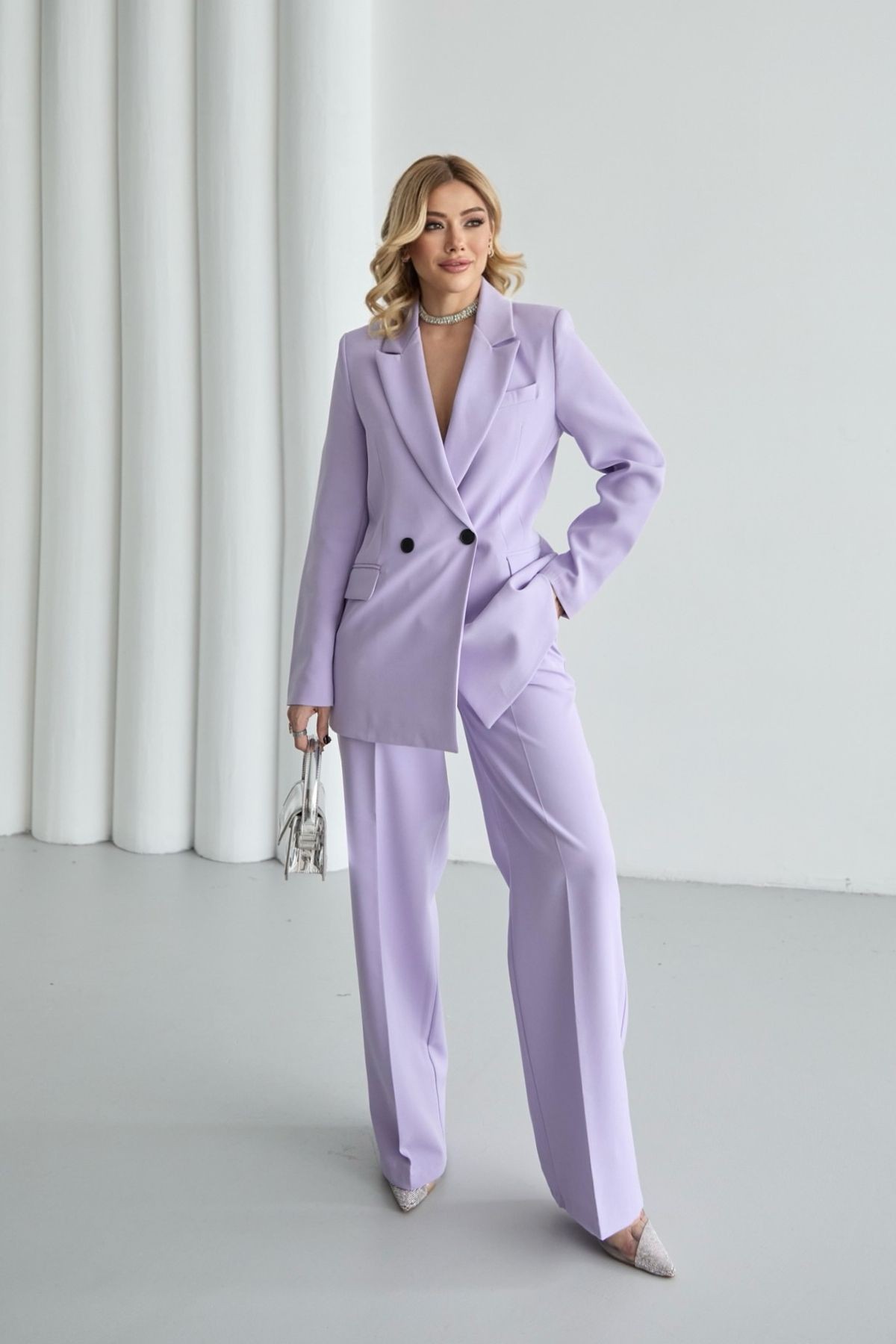 Kadın Lila Blazer Ceket Palazzo Pantolon Takım Elbise