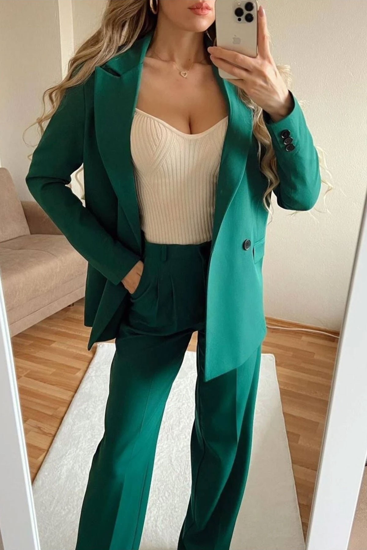 Kadın Yeşil Blazer Ceket Pantolon Takım