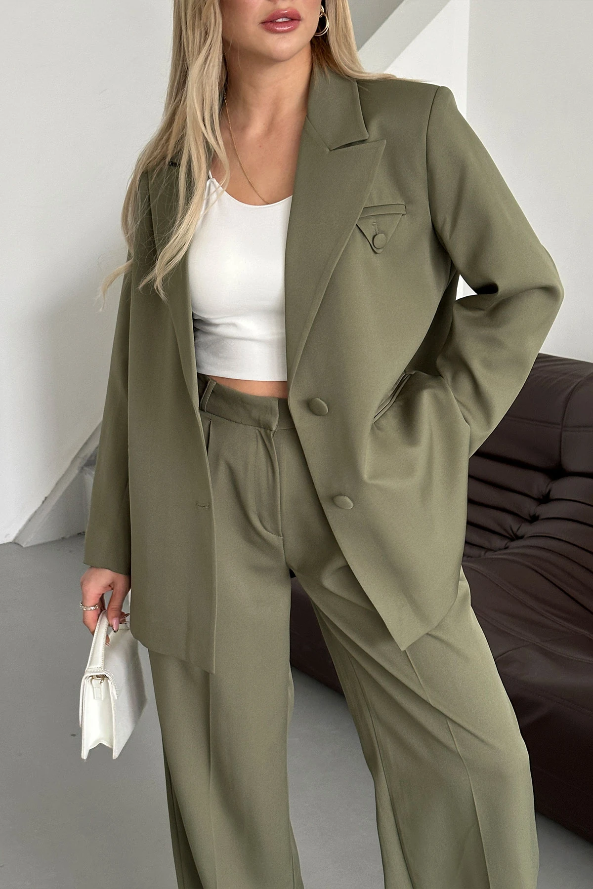 Kadın Haki Düğme Detay Blazer Ceket Pantolon Takım Elbise