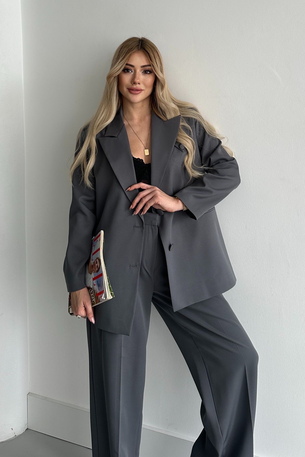 Kadın Antrasit Düğme Detay Blazer Ceket Pantolon Takım Elbise