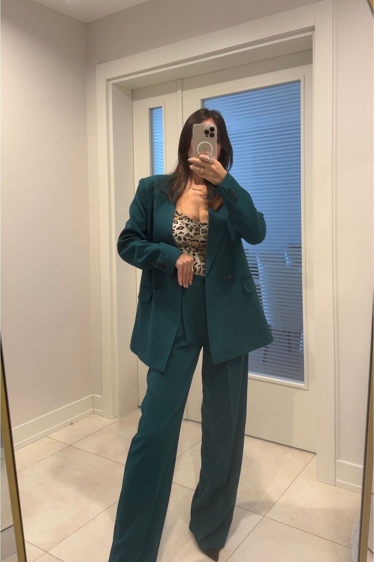 Kadın Yeşil Blazer Ceket Palazzo Pantolon Takım Elbise