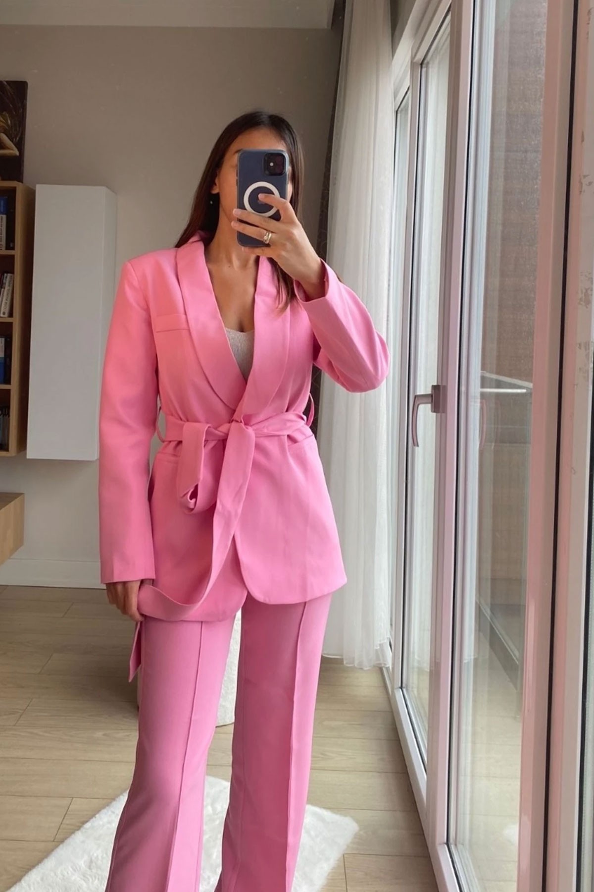 Kadın Şal Yaka Pembe Bağlama Detay Ceket Pantolon Takım
