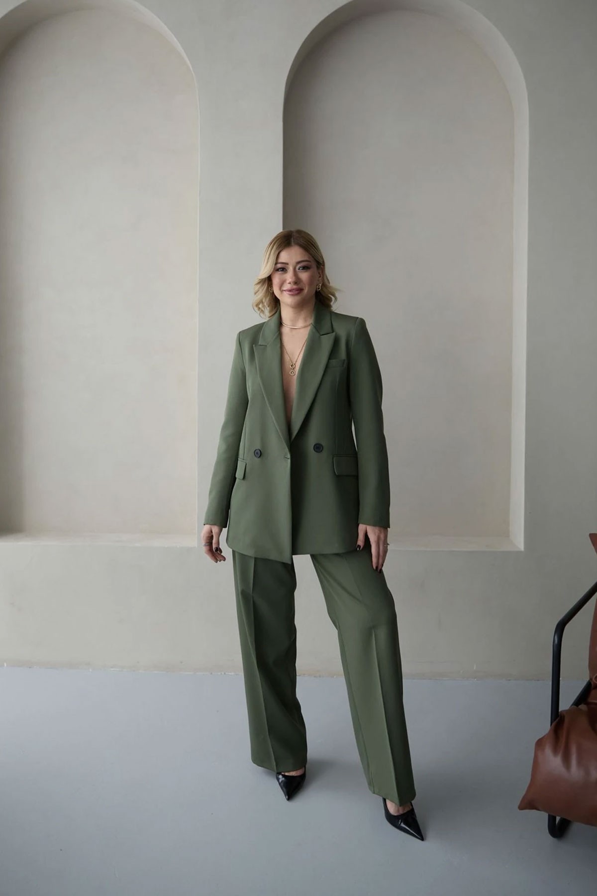 Kadın Haki Blazer Ceket Palazzo Pantolon Takım Elbise
