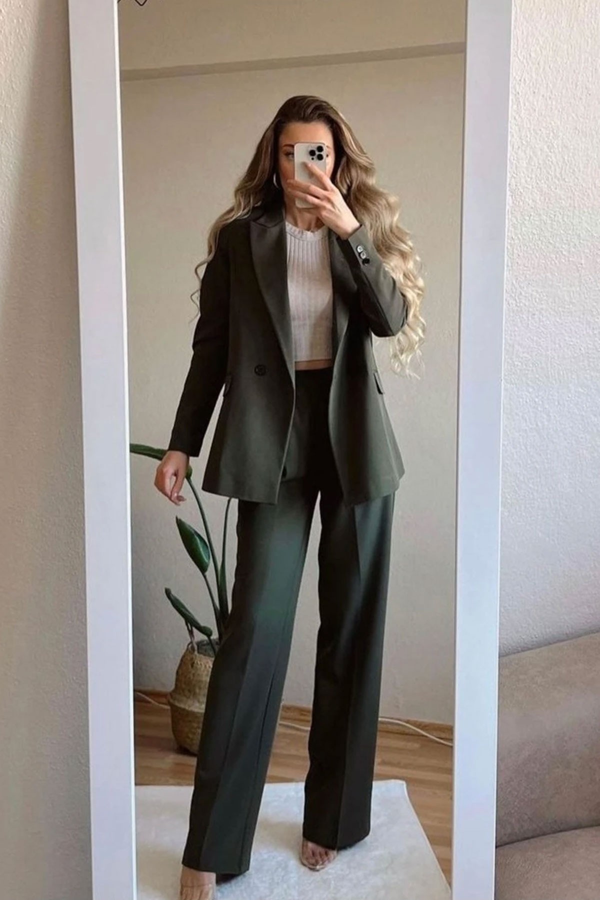 Kadın Haki Blazer Ceket Pantolon Takım