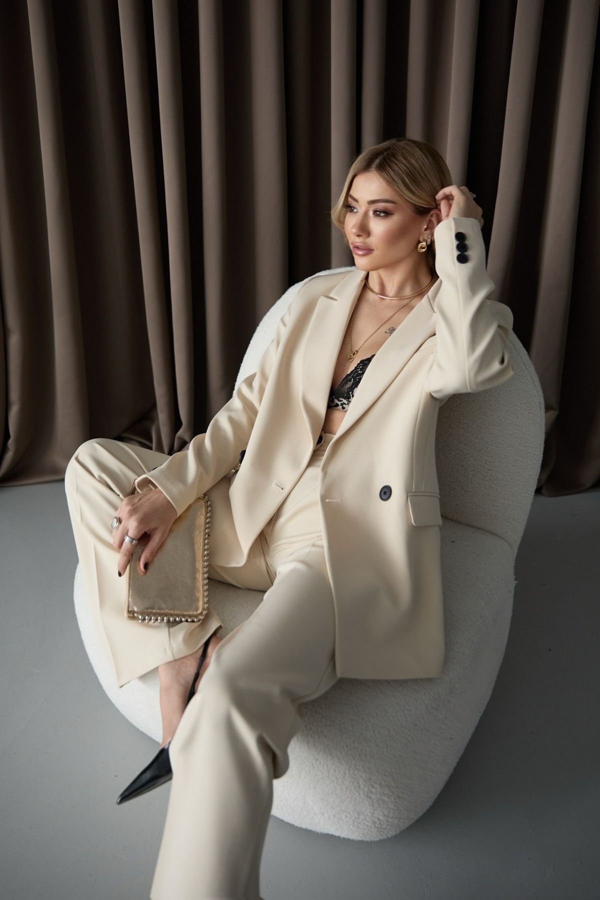 Kadın Krem Blazer Ceket Palazzo Pantolon Takım Elbise