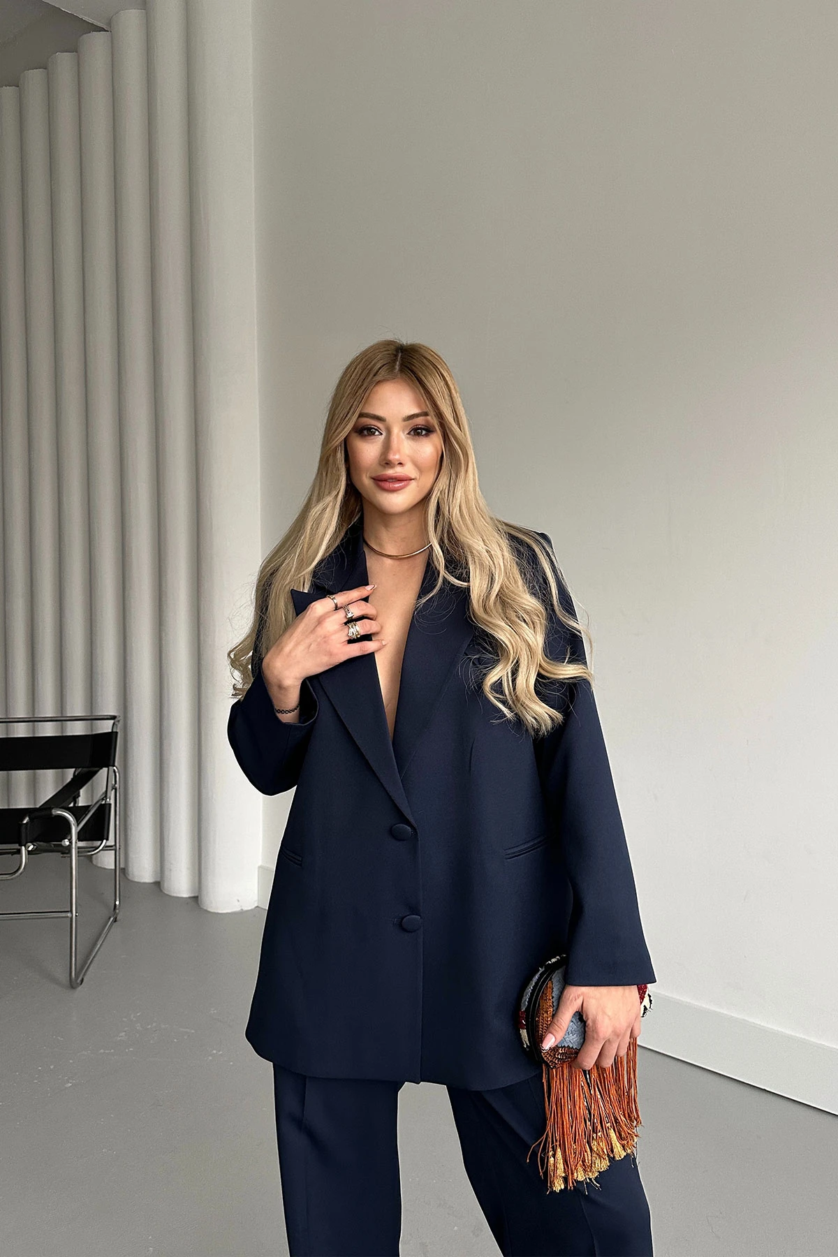 Kadın Lacivert Düğme Detay Blazer Ceket Pantolon Takım Elbise