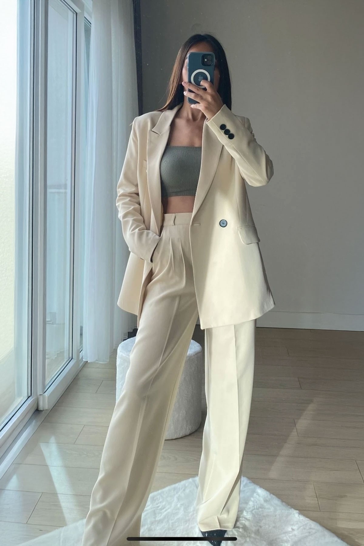 Kadın Krem Blazer Ceket Pantolon Takım