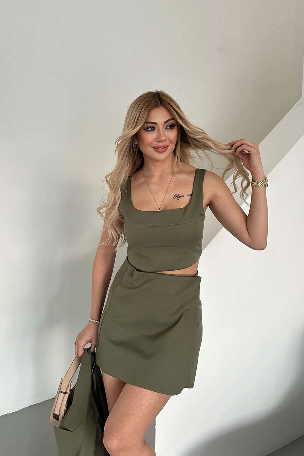 Kadın Haki Blazer Ceket Büstiyer Etek Takım