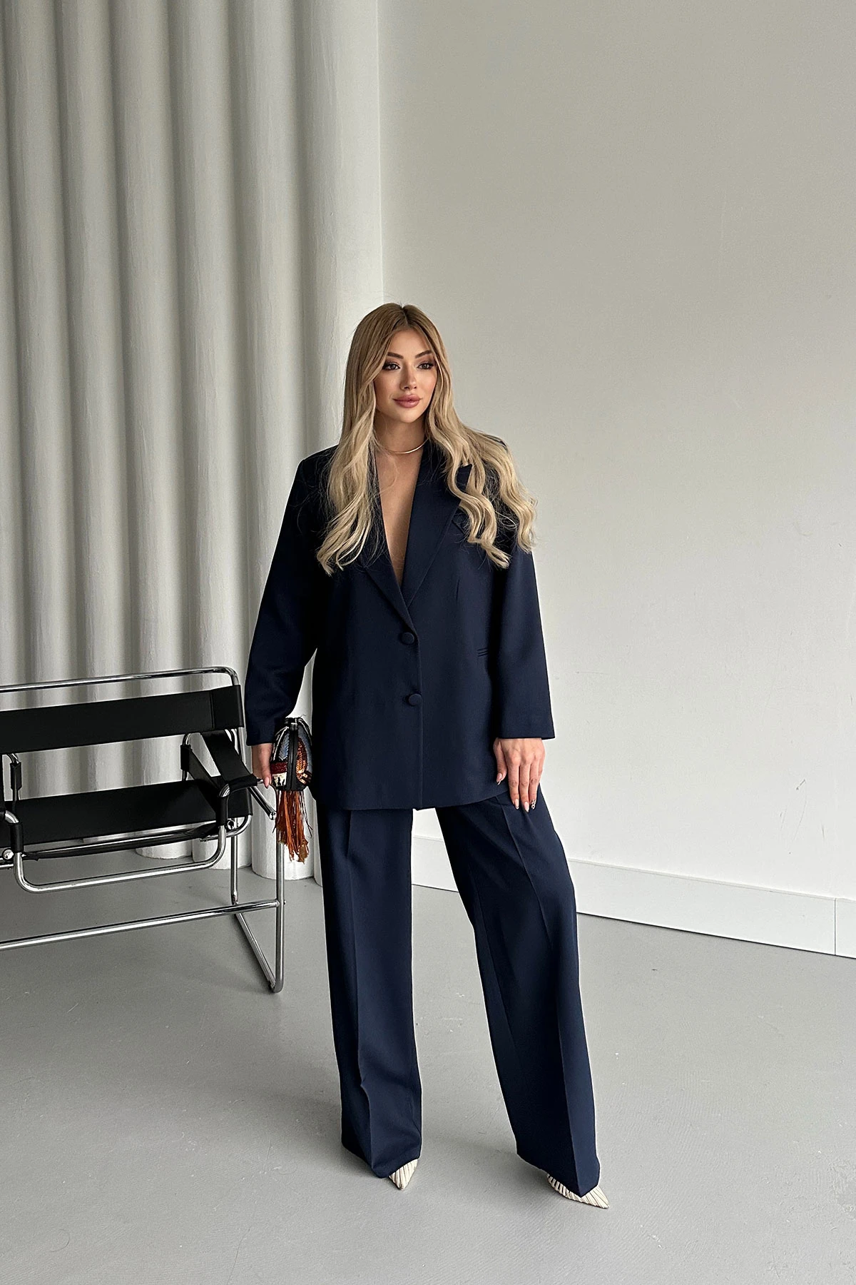 Kadın Lacivert Düğme Detay Blazer Ceket Pantolon Takım Elbise