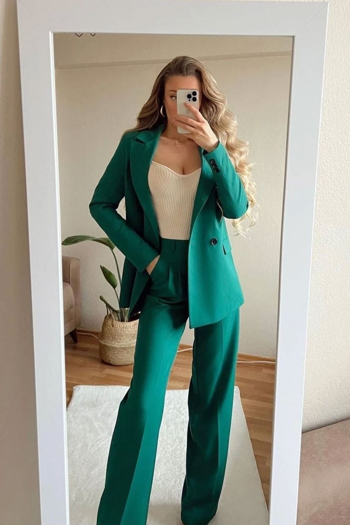 Kadın Yeşil Blazer Ceket Pantolon Takım