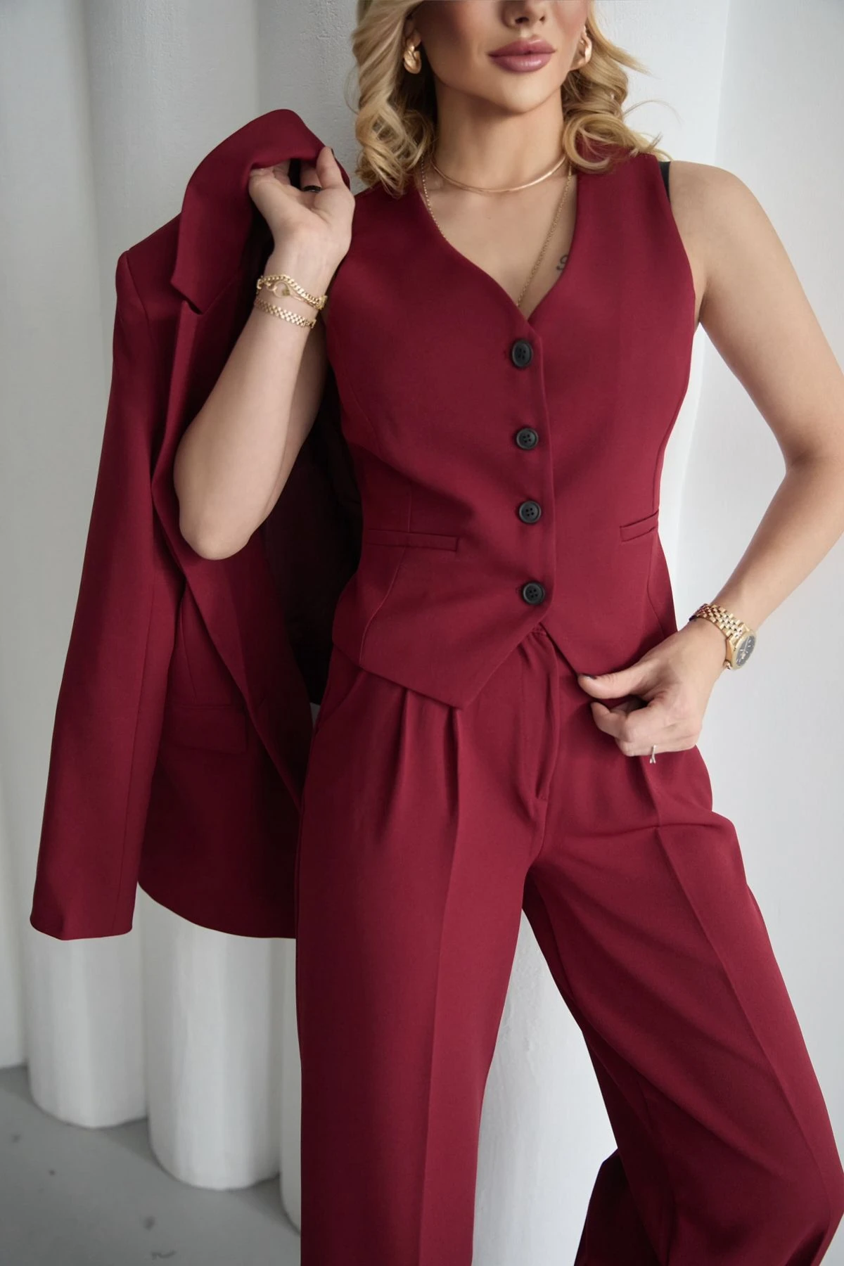 Kadın Bordo Blazer Ceket-Yelek-Pantolon Takım