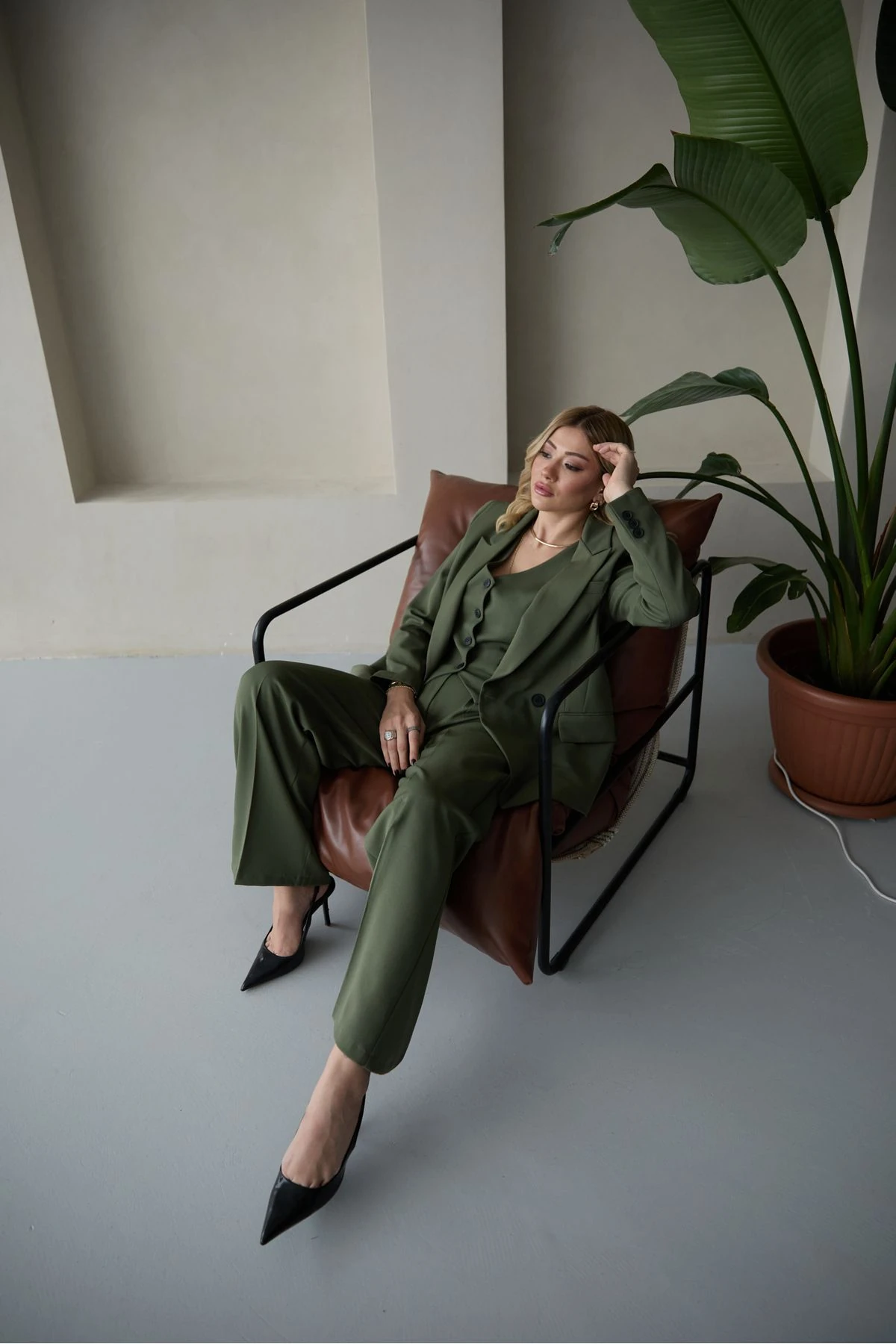 Kadın Haki Blazer Ceket Yelek Palazzo Pantolon Takım Elbise