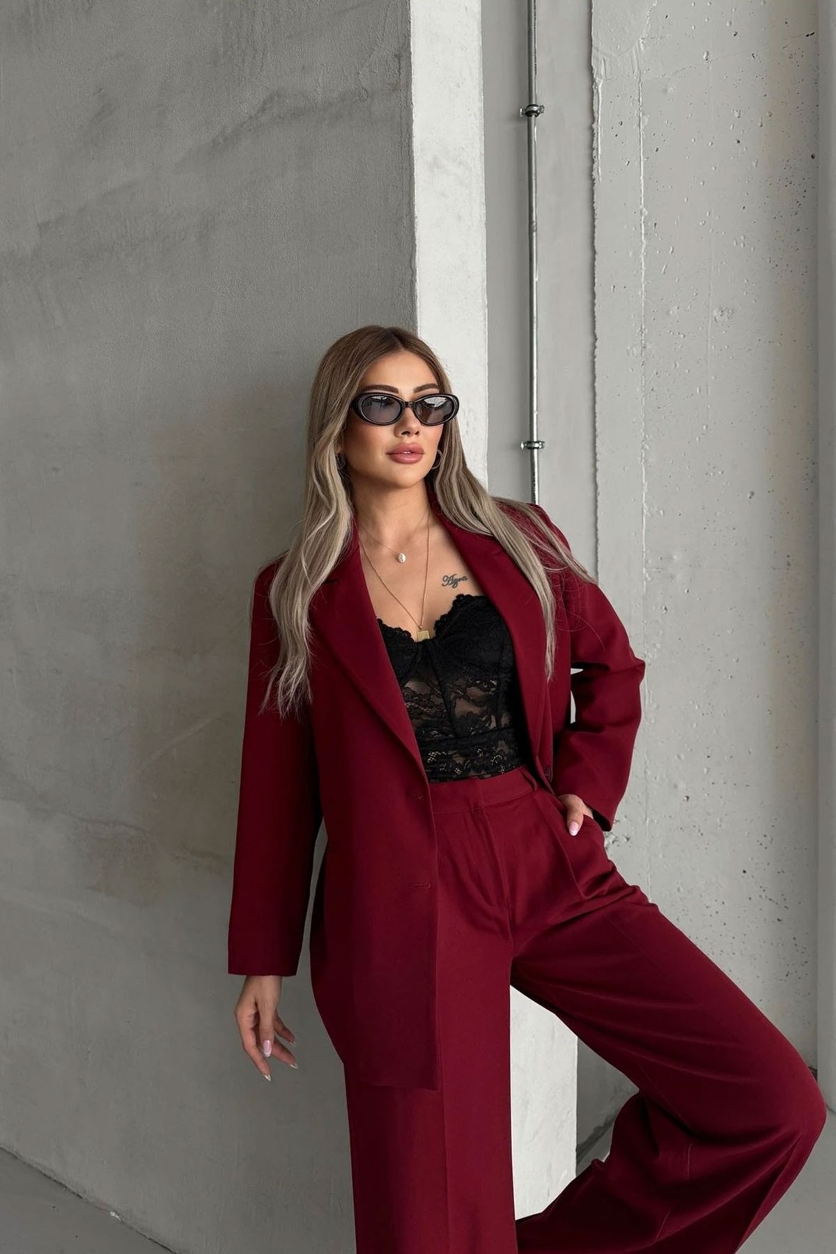 Kadın Bordo Düğme Detay Blazer Ceket Pantolon Takım Elbise