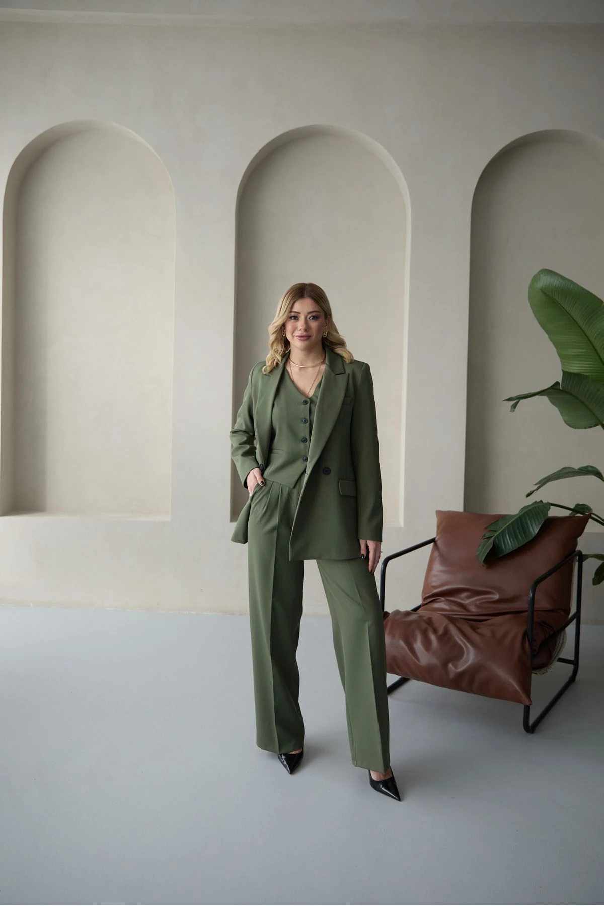 Kadın Haki Blazer Ceket Yelek Palazzo Pantolon Takım Elbise