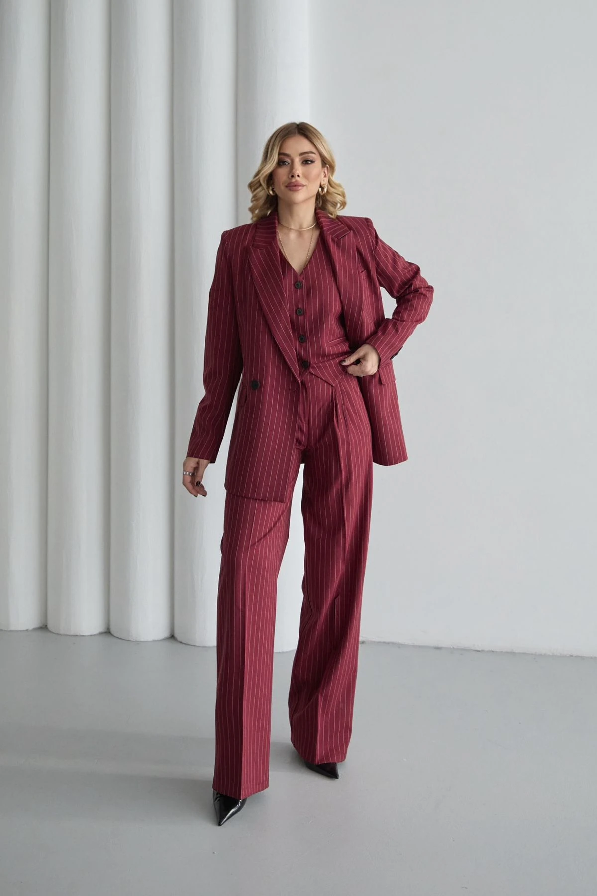 Kadın Bordo Çizgili Blazer Ceket Yelek Pantolon Takım Elbise