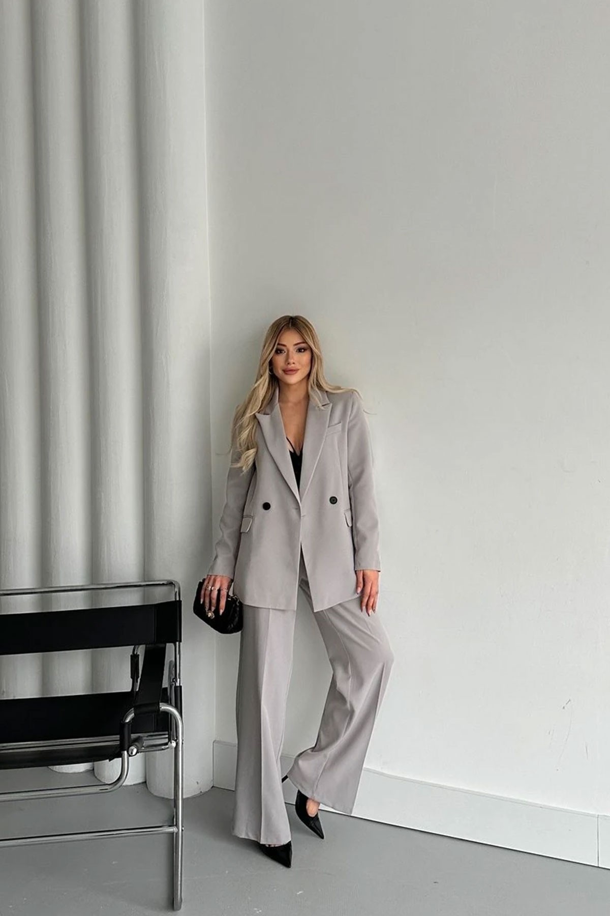 Kadın Açık Gri Blazer Ceket Palazzo Pantolon Takım Elbise